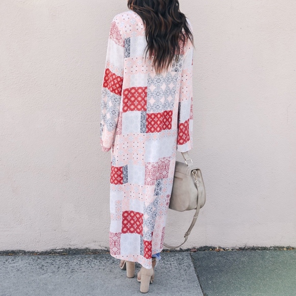 Patchwork Quilted Print American Blues Long Kimono - Picture 3 of 4